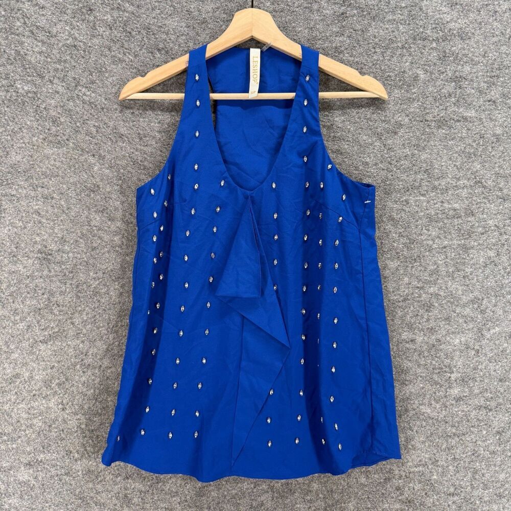 Leshop Blouse Women S Small Blue Rhinestone Sleeveless Wide Strap V-Neck Casual